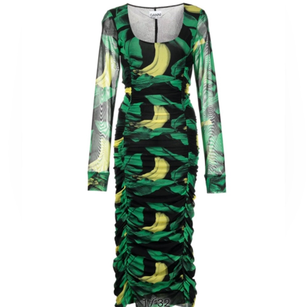 NWT Ganni Ruched Scooped Neck Long Sleeved Stretch Dress SZ 34